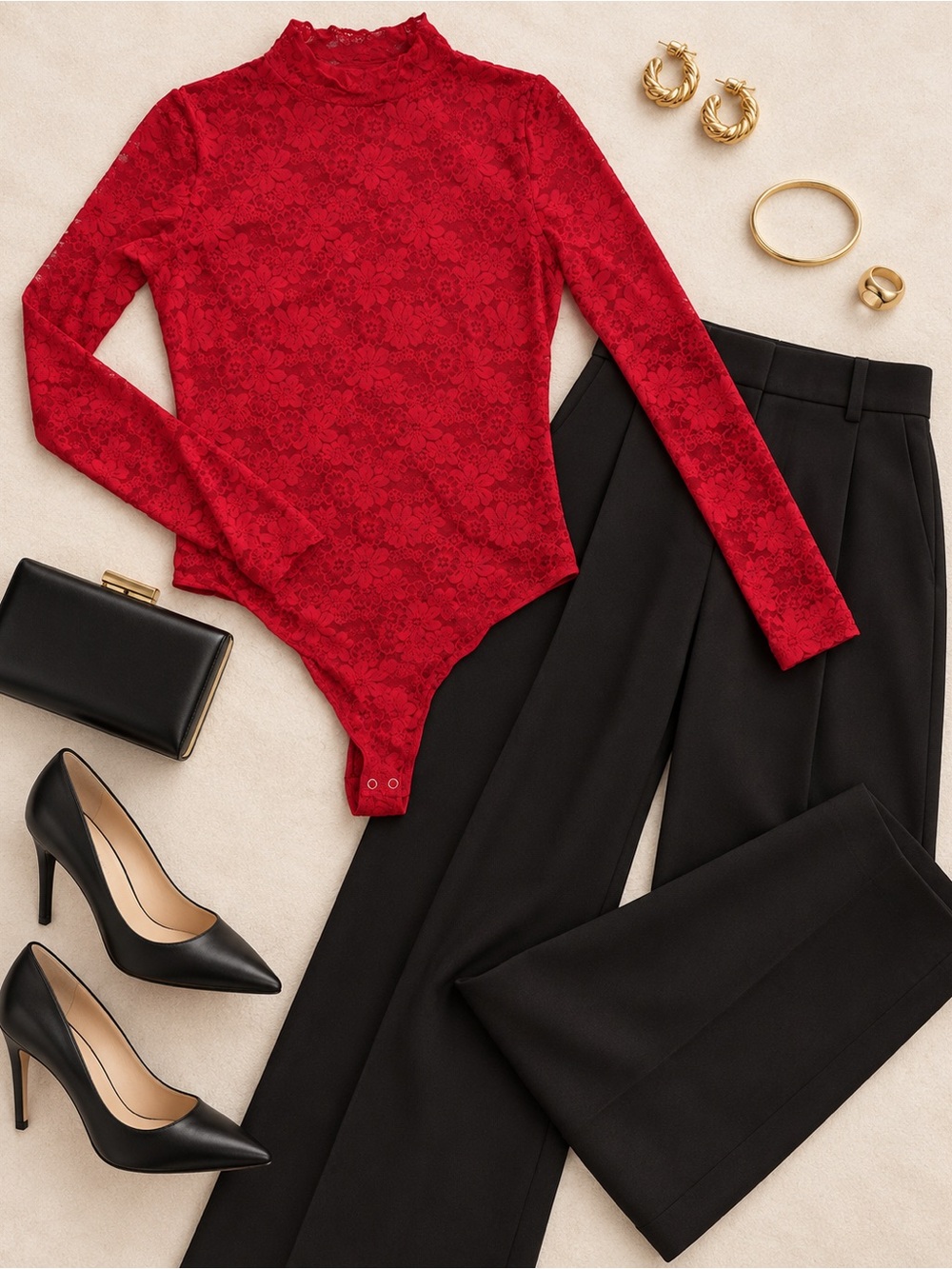 PINK Victoria's Secret Red Lace Mock Neck Long Sleeve Bodysuit